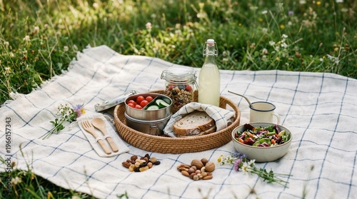 Wallpaper Mural Outdoor picnic spread on checkered blanket with healthy snacks and drinks Torontodigital.ca