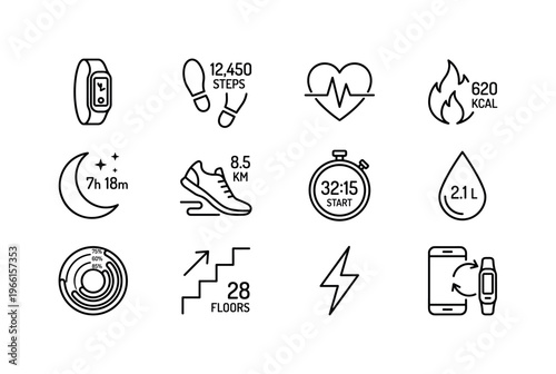Collection of fitness tracker icons showing health and activity metrics