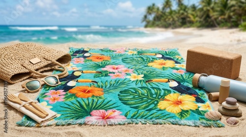Wallpaper Mural Tropical beach towel with colorful hibiscus design and relaxed beach accessories Torontodigital.ca