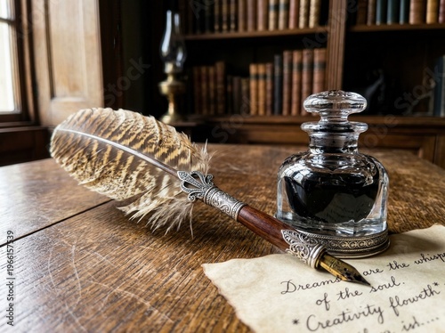 Wallpaper Mural Feather quill pen and ink bottle on antique wooden desk with handwritten note Torontodigital.ca