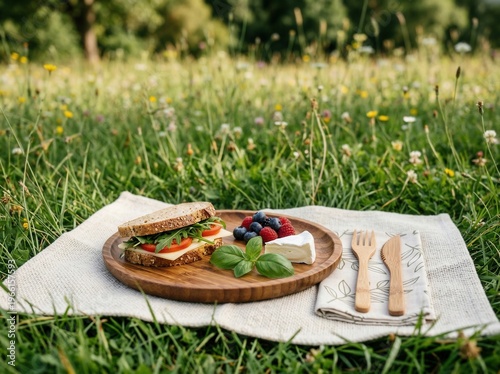 Wallpaper Mural Sandwich and cheese plate on wooden board with berries on picnic cloth Torontodigital.ca