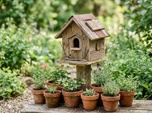 Wallpaper Mural Rustic wooden birdhouse surrounded by terracotta potted plants in garden Torontodigital.ca