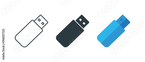 Collection of USB flash drive icons in outline, solid, and modern flat styles