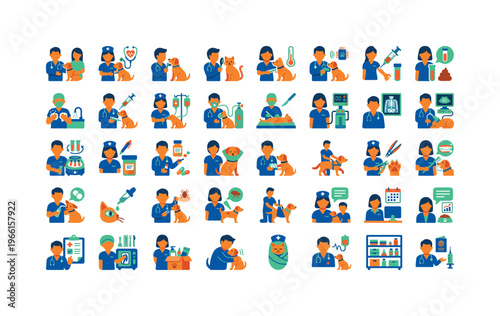 Veterinary clinic icons showing diverse animal care and medical procedures
