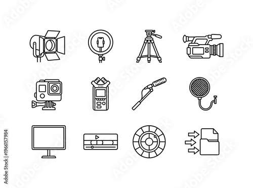 Collection of video production icons for filmmaking and content creation