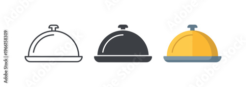Set of three food cloche icons in different styles: outline, solid, and flat design