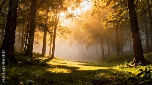 Sunlight filtering through forest trees