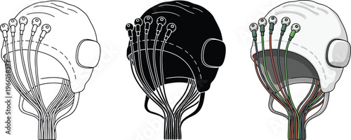 Vector illustrations of an EEG brain monitoring headset featuring line art silhouette and colored versions ideal for neuroscience research and advanced technology applications