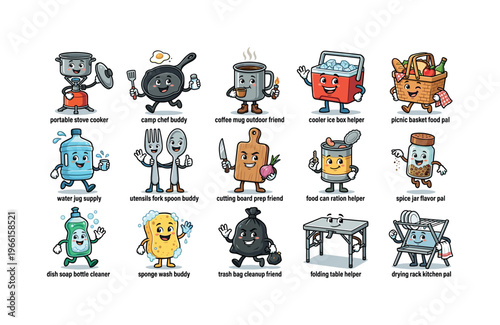 Cute cartoon characters representing camping and outdoor cooking essentials