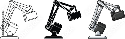 Versatile robotic arm vector icon set featuring outline solid and grayscale designs perfect for illustrating industrial automation and advanced technology