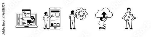 Set of five minimalist line art icons representing the software development lifecycle, including coding, mobile app design, system engineering, cloud uploading, and web programming.