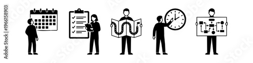 Vector illustration set of people managing projects with calendar, checklist, roadmap, clock, and workflow diagram. Ideal for business planning, time management, and organizational strategy.