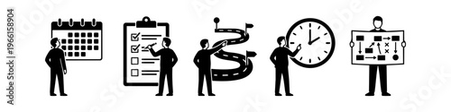A series of black and white icons representing project management, business planning, time tracking, and strategic roadmaps with figures interacting with tools like calendars and checklists.