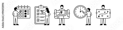 Set of minimalist line art icons depicting business planning, project management, scheduling, time tracking, and strategic goal setting with people in black and white style.