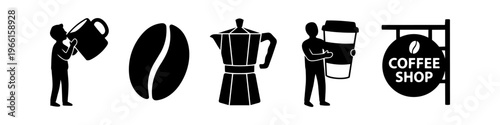 Set of minimalist black silhouette icons for coffee lovers, featuring a coffee bean, moka pot, take-away cup, coffee shop sign, and people drinking coffee. Vector set isolated on white.
