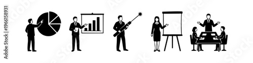 Collection of business presentation icons featuring silhouettes of professionals presenting data with pie charts, bar graphs, flip charts, and group meetings in a clean, black and white style.
