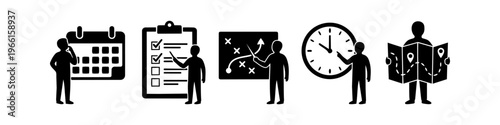 Set of business management icons showing strategy, scheduling, task lists, time management, and map navigation. Minimalist black silhouettes on a white background for project workflow concepts.