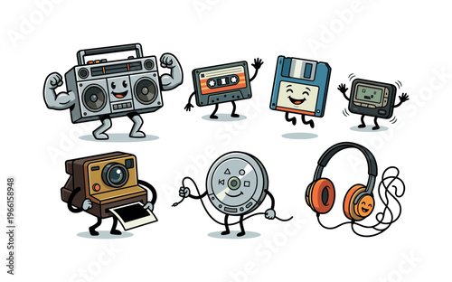Retro gadget mascots with happy faces and arms, celebrating technology's past