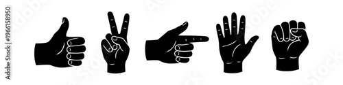 Set of black hand gesture silhouettes including thumbs up, victory sign, pointing finger, open palm, and fist, isolated on white background. Communication and body language icon collection.