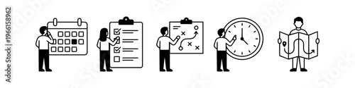Set of minimalist line icons depicting business planning, project management, and time tracking concepts featuring professional people at work.