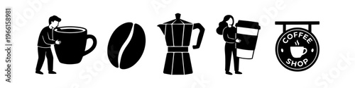 Set of black coffee icons including people with giant cups, a moka pot, a bean, and a coffee shop sign. Minimalist vector illustration for cafe branding and menu design.