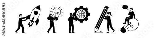 Set of black and white silhouettes representing business innovation, creativity, and startup concepts including idea generation, problem-solving, and project launch.