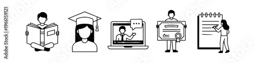 Set of minimalist line icons representing education and learning, featuring a student reading, a graduate, online classes on a laptop, a person with a diploma, and a girl taking notes.