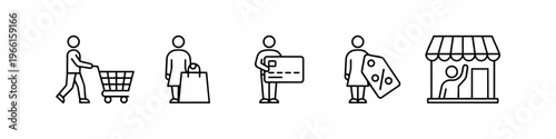 A set of minimalist line icons illustrating the shopping journey: a customer with a cart, carrying a bag, paying with a card, using a discount tag, and visiting a retail storefront.