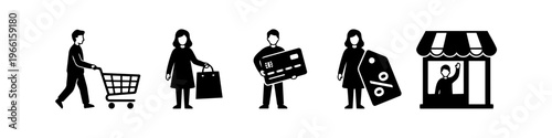 A collection of black retail silhouettes and icons featuring people shopping, using a cart, carrying bags, making payments with a credit card, and a storefront with a waving shopkeeper.