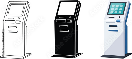Set of self-service kiosk terminals in various styles vector illustration for modern digital payment and information systems isolated on white background