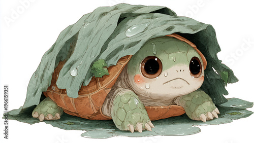 A heartwarming illustration of a tiny, timid turtle finding a cozy refuge beneath a dew-kissed leaf, its big, expressive eyes conveying a touch of melancholy and vulnerability in this whimsical scene