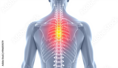 A medical illustration of a human back with a highlighted spine and glowing red and yellow pain indicator