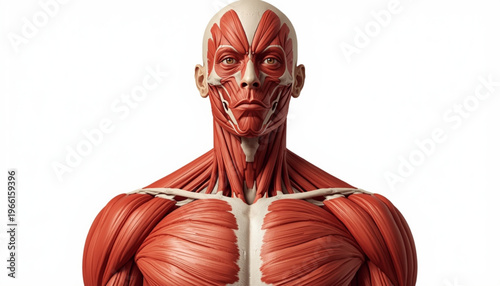 A detailed illustration of the human muscular system with visible muscles and anatomy