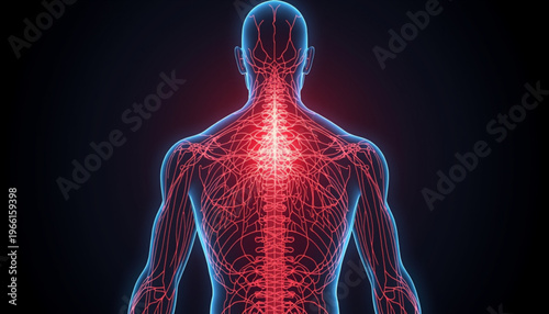 A medical illustration of a human body with a highlighted nervous system and spine