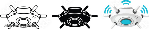 Versatile set of modern drone or smart surveillance device icons featuring line art solid glyph and wireless signal versions ideal for technology and IoT designs