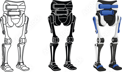 Robotic exoskeleton for lower body support depicted in three distinct vector styles including line art silhouette and full color ideal for medical technology and future innovation concepts