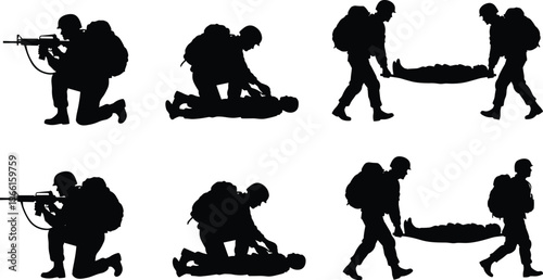 Set of military soldier silhouettes in combat including aiming rifle, giving first aid to wounded, and carrying casualty on stretcher