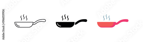 Set of three frying pan icons with steam, representing cooking and heat