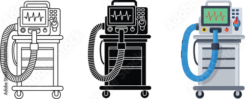 Medical ventilator machine icon set featuring outline glyph and flat design styles perfect for critical care and healthcare technology applications
