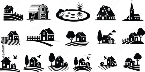 Set of rural farm landscape silhouettes featuring houses, barns, church, and pond for countryside village, agriculture, and real estate design concepts.