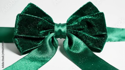 An elegant emerald green velvet bow rests isolated on a transparent background as a festive Christmas decoration.