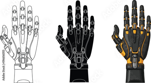 Advanced robotic hand vector illustration presented in outline solid and detailed cybernetic styles symbolizing future technology and human augmentation