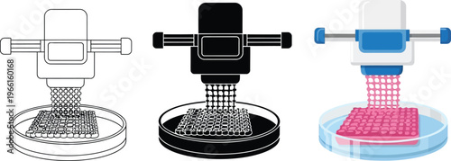 Bioprinting process vector illustrations depicting 3D tissue printing in a petri dish ideal for biotechnology regenerative medicine and scientific concepts