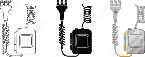 Electrotherapy device icon set including outline glyph and colored styles perfect for pain management and physical therapy concepts