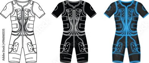 High-tech Electrical Muscle Stimulation EMS training suit vector illustration presented in outline black and blue glowing variations perfect for modern fitness and sports applications