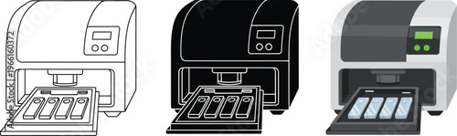 Set of laboratory analysis machine illustrations featuring outline solid and colored versions with sample tray ideal for scientific research and medical diagnostics
