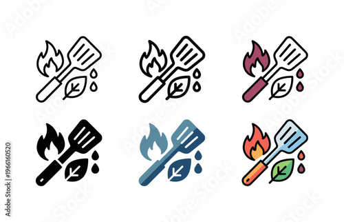 Culinary icons representing grilling, healthy eating, and cooking with fire