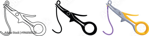 Collection of fishing forceps with an attached hook featuring detailed outline solid silhouette and vibrant colored vector illustrations essential for fishing gear and outdoor activity designs