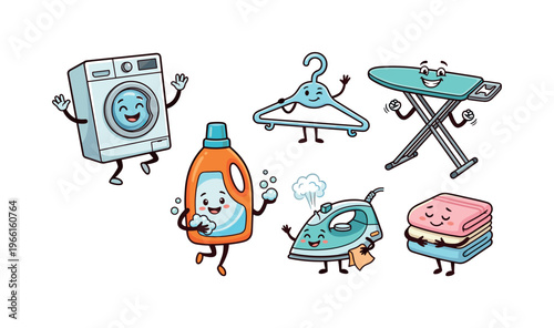 Cute cartoon laundry appliances and supplies having fun together
