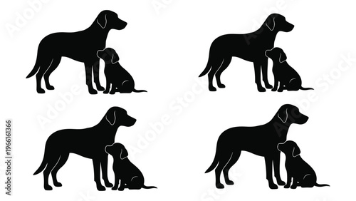 Silhouettes of labrador retrievers in varying poses showcasing adult and puppy pairings